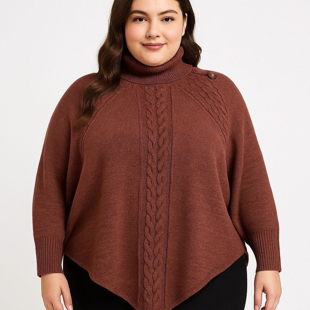 Shein‎ Curve 2XL Poncho Sweater Burgundy Turtleneck Cable Knit Button Detail